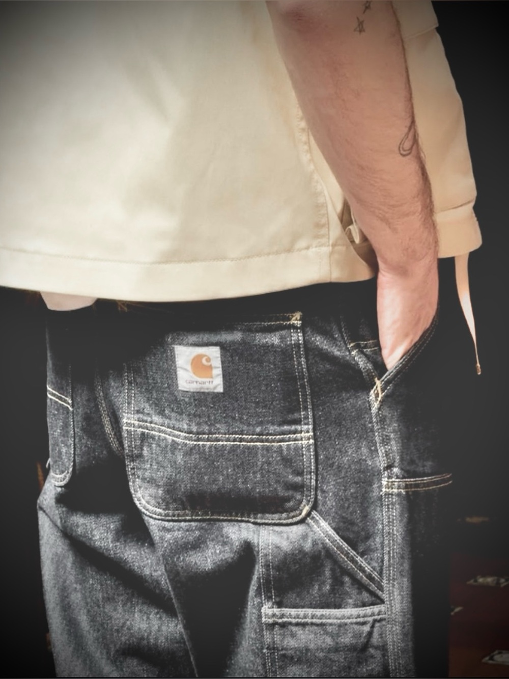 🆕 Carhartt Reworked Vintage Carpenter Black Denim Jorts Jean Shorts Size 34